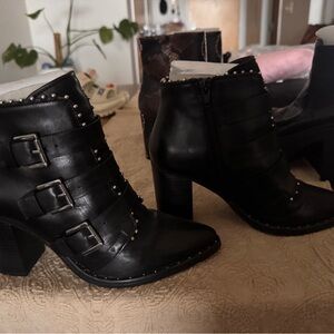 Black Studded Buckle Ankle Boots - Women